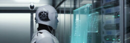 White Robot looking at high tech IT server glass displays.