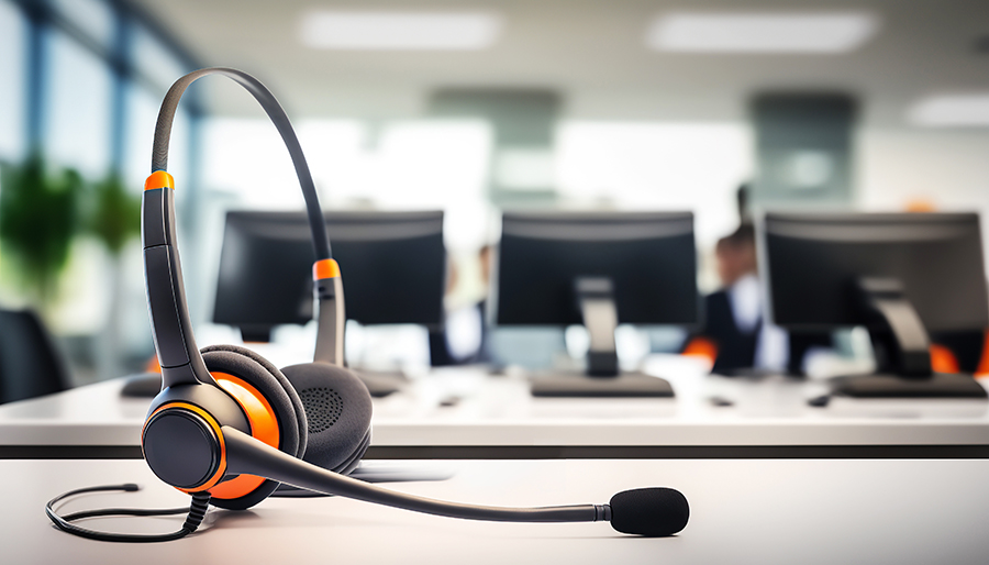 A headset is sitting on a desk in an office.