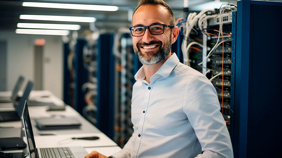 A man smiling in front of servers in a data center.