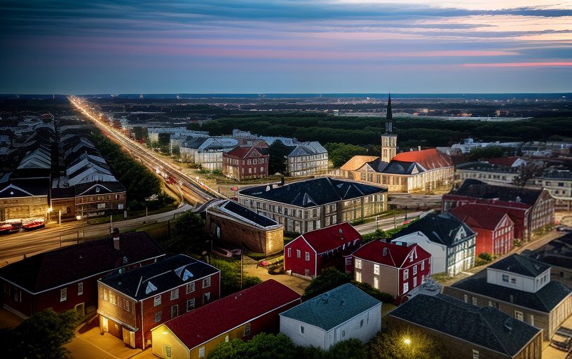 Aerial view of a town at dusk with illuminated streets, houses, a prominent church, and buildings. A long road extends towards the horizon with lights lining both sides.