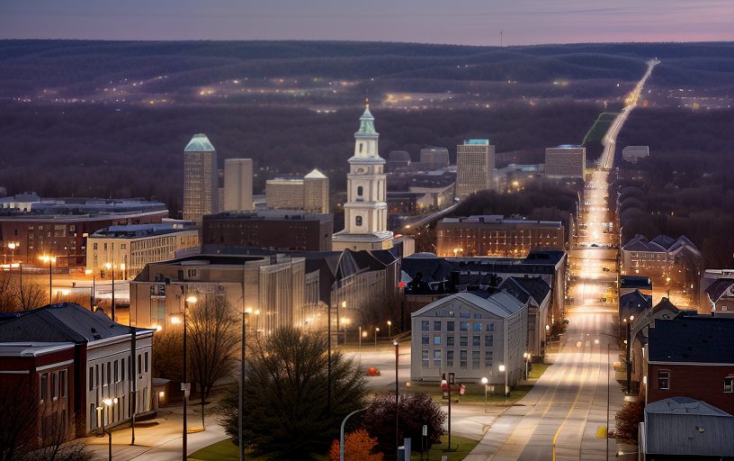 An aerial view of a cityscape at dusk featuring a prominent bell tower, surrounding buildings, and a central street lined with lights extending into the horizon.